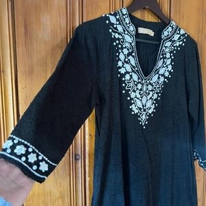 Black Embellished Tunic Dress with 3/4 Sleeves